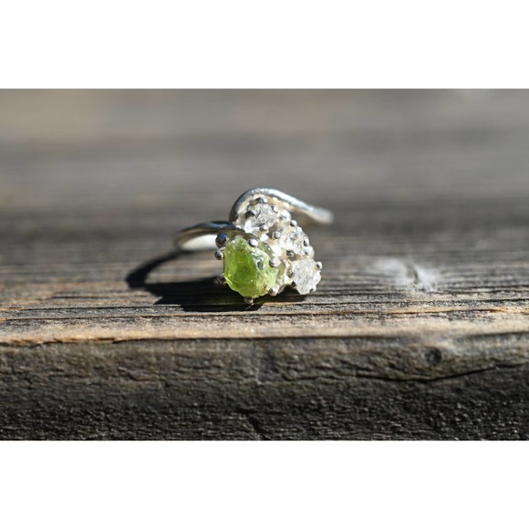 Raw Peridot and Diamond Engagement Ring, Raw Diamond Ring, Size 5 Engage… - Picture 1 of 9